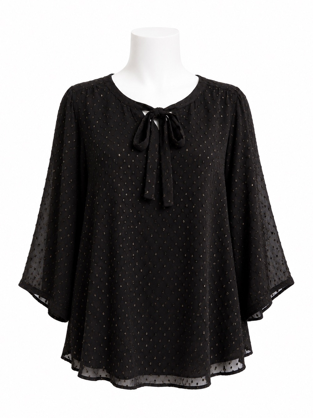 Size 4 Torrid Women’s Peasant Blouse Georgette Metallic Clip Dot Black Sheer Top